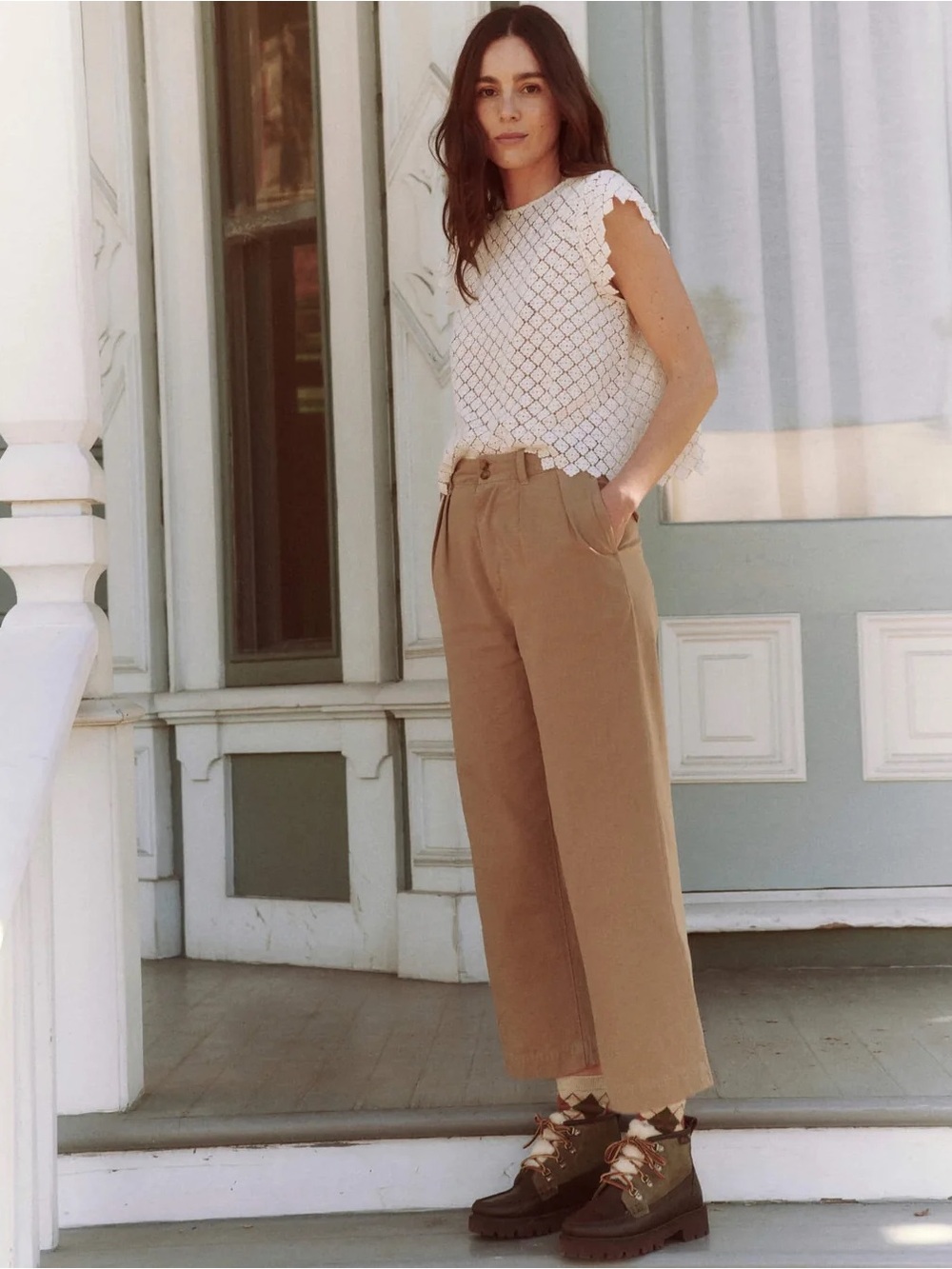 THE GREAT. The Town Wide-Leg High Rise Crop Pants Pleated Khaki Brush Beige Sz 2